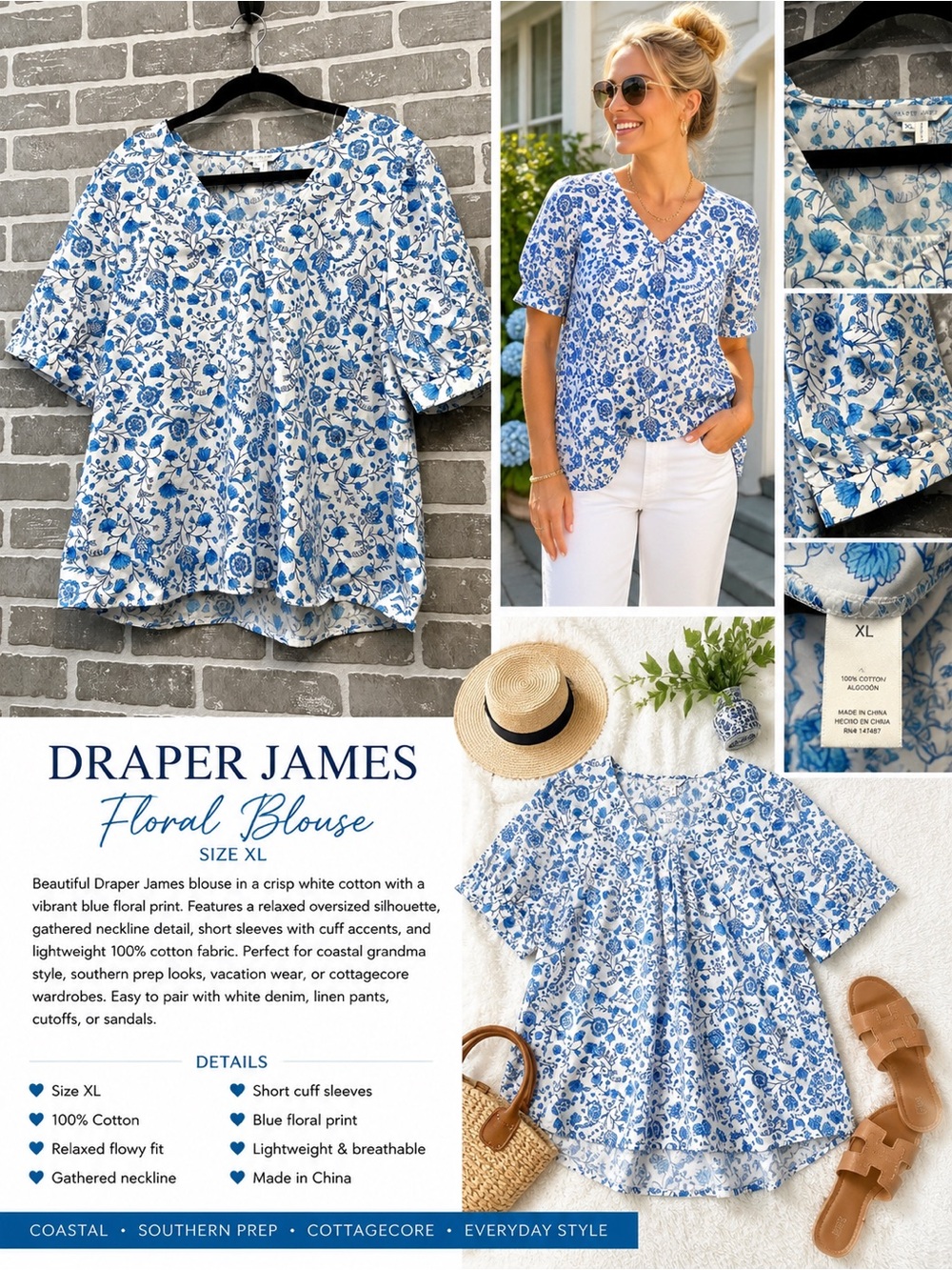 Draper James XL Blue Floral Peasant Top 100% Cotton Boho Southern Prep Blouse